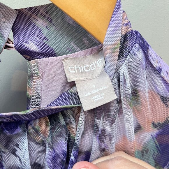 NEW Chico's Ruched Mesh Floral Water Color Paint Print Midi Dress- Sz. 1 - Picture 2 of 9
